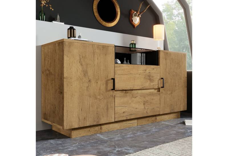 Flieks Kommode Mehrzweckschrank mit Schubladen und verstellbaren Einlegeböden (H70/B140/T40 cm, 1 St), Sideboard mit Glas-Arbeitsplatte Eichenoptik Holzschrank Wohnzimmer von Flieks