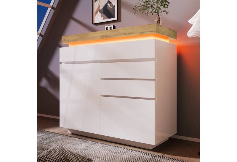 Flieks Kommode mit 2 Türen und 3 Schubladen Hochschrank Weiß (für Wohnzimmer, Schlafzimmer und Esszimmer, 1 St), Sideboard mit LED und verstellbar Ablagen Hochglanz, Breite 110 cm von Flieks