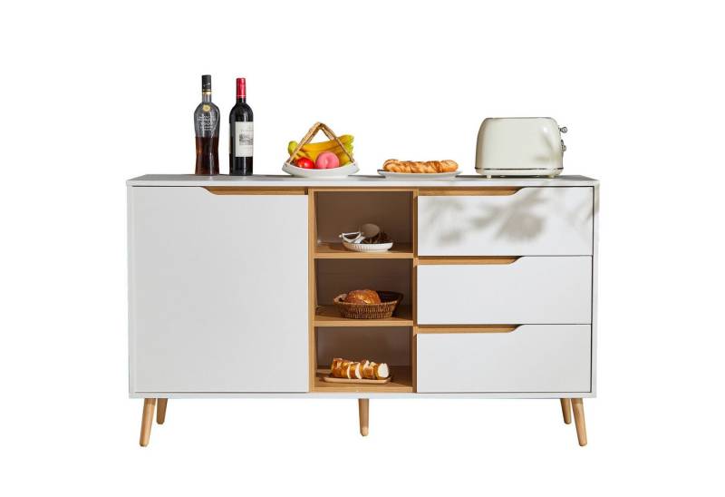 Flieks Kommode mit 3 Schubladen und 1 Tür (1 St., mit verstellbaren Einlegeböden und Massivholzbeinen), Sideboard Wohnzimmerschrank Anrichte Weiß 140x40x80,5 cm von Flieks