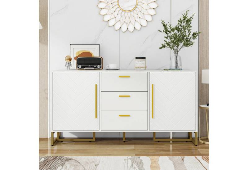 Flieks Kommode mit 3 Schubladen und 2 Türen (145x40x75 cm, 1 St), Mehrzweckschrank Sideboard mit verstellbare Einlegeböden Weiß von Flieks