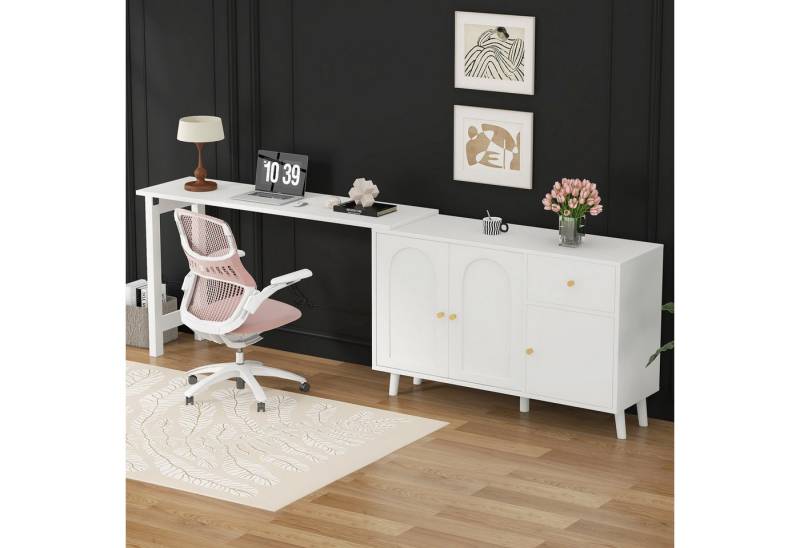 Flieks Kommode mit 360° drehbar Schreibtisch Weiß (2 St), 2 in 1 Sideboard & Computertisch Mehrzweckschrank mit Schubladen von Flieks