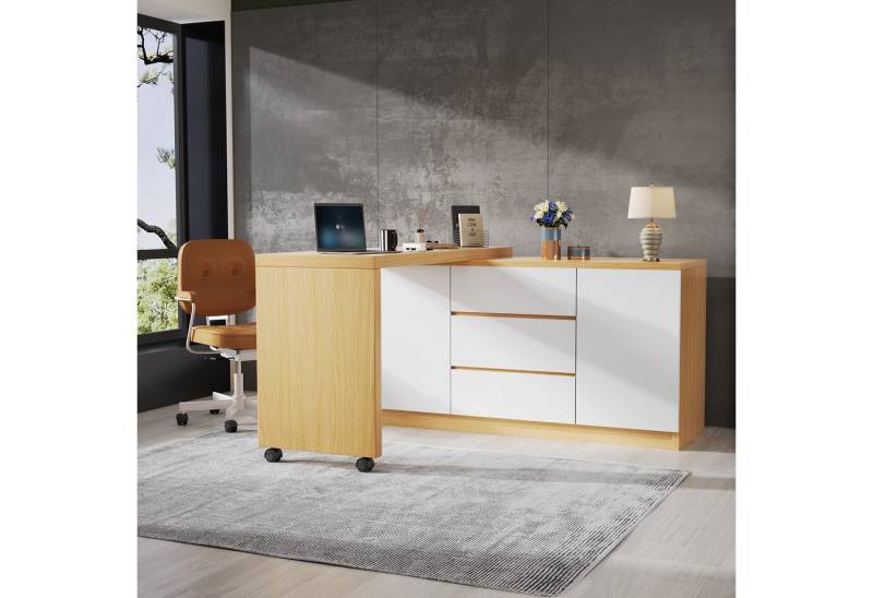 Flieks Kommode mit 360° drehbare Tisch, Rollen und Schubladen (2 St., mit verstellbaren Einlegeböden), Schreibtisch Sideboard Mehrzweckschrank Arbeitstisch weiß&Eiche von Flieks