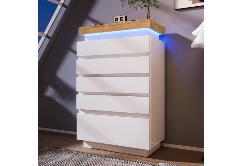 Flieks Kommode mit 6 Schubladen Hochschrank Weiß (für Wohnzimmer und Schlafzimmer, 1 St), Sideboard mit LED-Beleuchtung Mehrzweckschrank Hochglanz, Breite 73 cm von Flieks