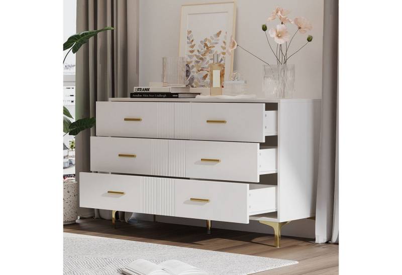 Flieks Kommode mit 6 Schubladen Weiß (Maße: H76/B120/T40 cm, 1 St., für Wohnzimmer und Schlafzimmer), Mehrzweckschrank Sideboard Holzschrank, Metallgriffe und Metallbeine von Flieks