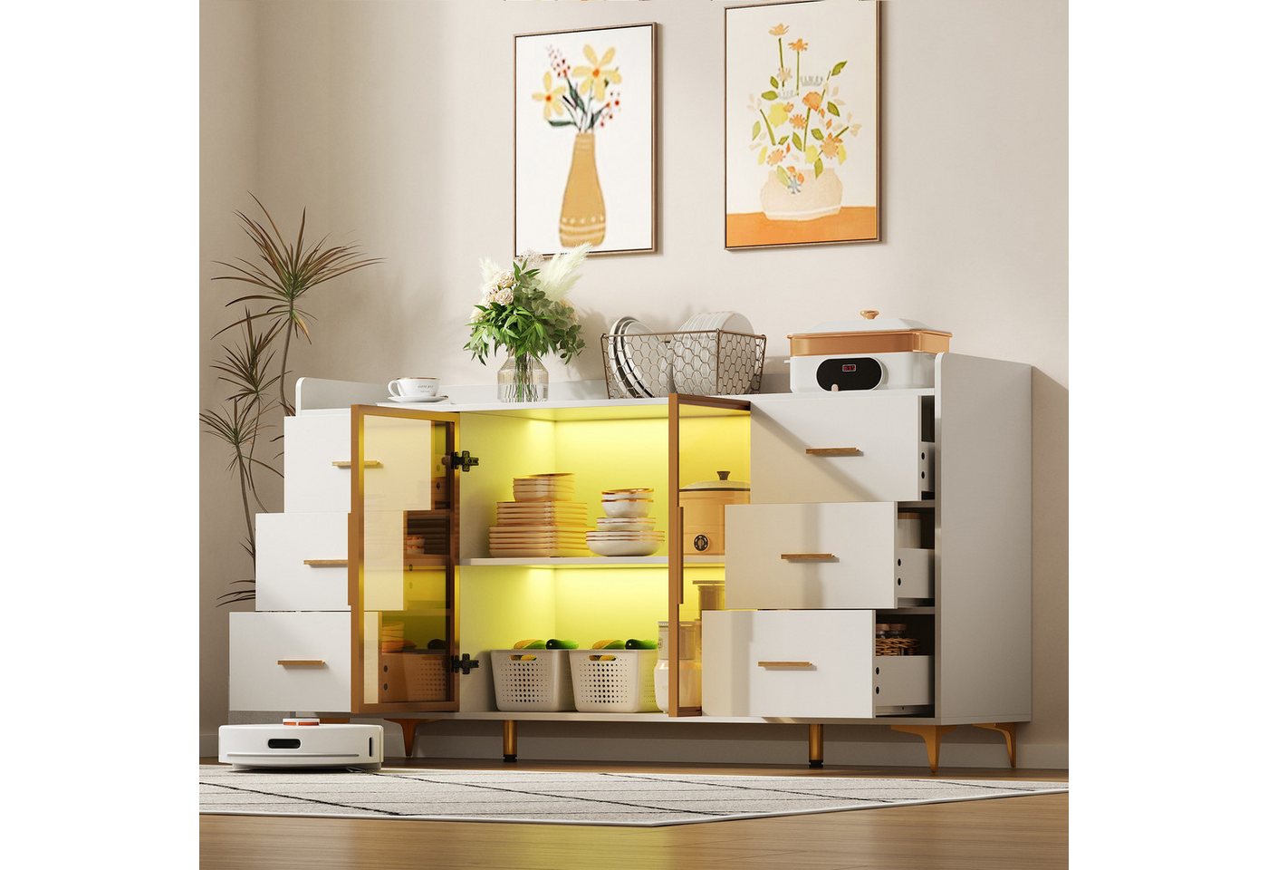 Flieks Kommode mit LED-Beleuchtung, 6 Schubladen und 2 Glastüren (B160/T44/H87 cm, 1 St., Schrank für Wohnzimmer, Schlafzimmer, Esszimmer), Küchenschrank mit verstellbaren Einlegeböden Sideboard weiß von Flieks