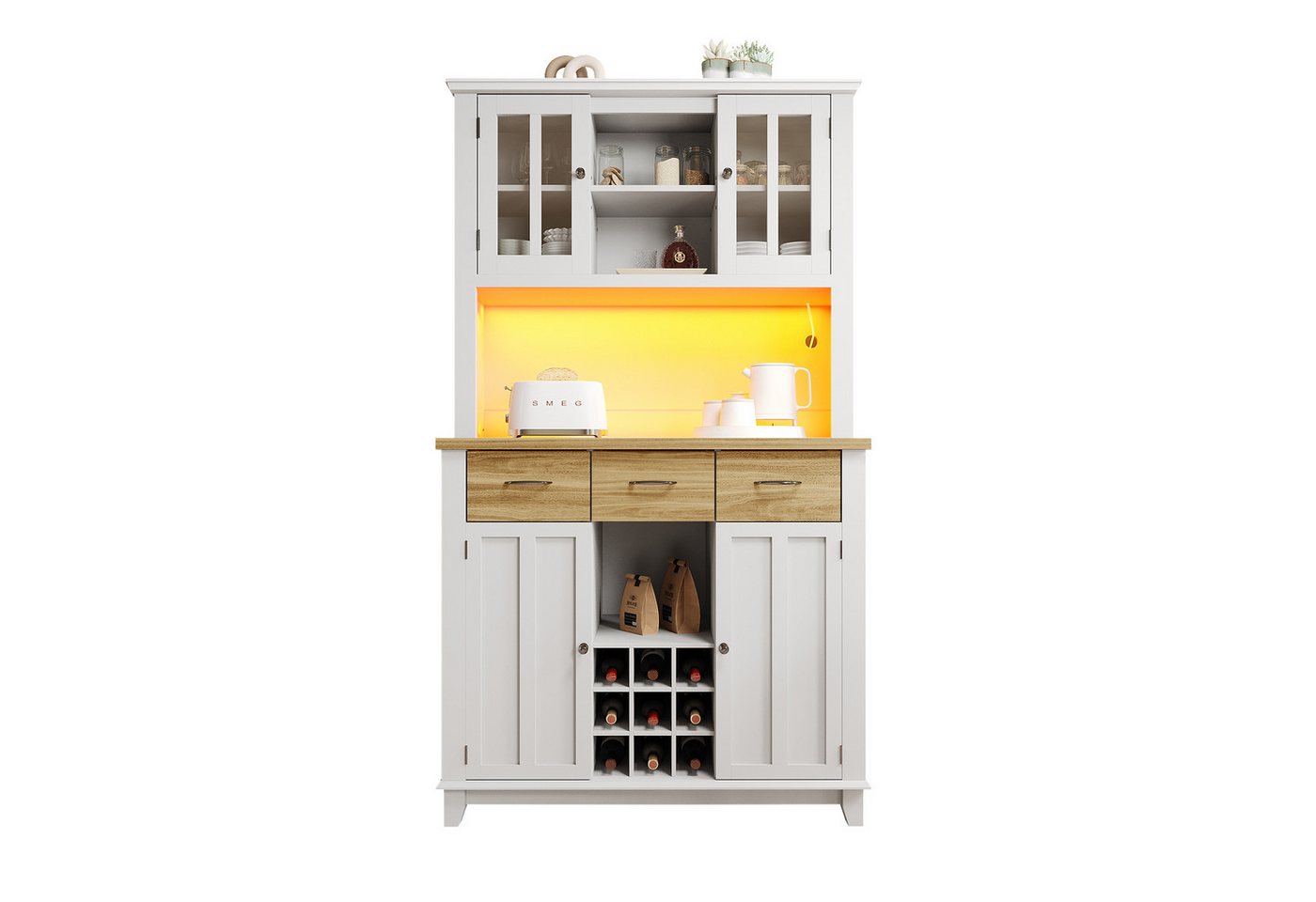 Flieks Küchenbuffet (mit Arbeitsplatte und verstellbaren Ablagen, 1-St., 106x40x179,5 cm) Hochschrank mit LED Küchenschrank Bücherschrank Buffetschrank weiß von Flieks