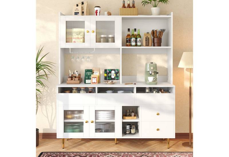 Flieks Küchenbuffet Hochschrank mit Glastüren, Schubladen und Gläserhalter (B145/T39/H171 cm, 1-St) Küchenschrank mit Arbeitsplatte Sideboard Buffetschrank Weiß von Flieks
