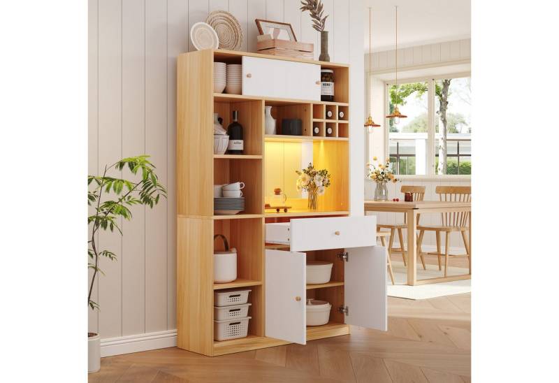 Flieks Küchenbuffet Hochschrank mit LED-Beleuchtung, Schubladen und Schiebetüren (115x35x180 cm, 1-St) Küchenschrank mit Weinregal Mehrzweckschrank Holzoptik von Flieks