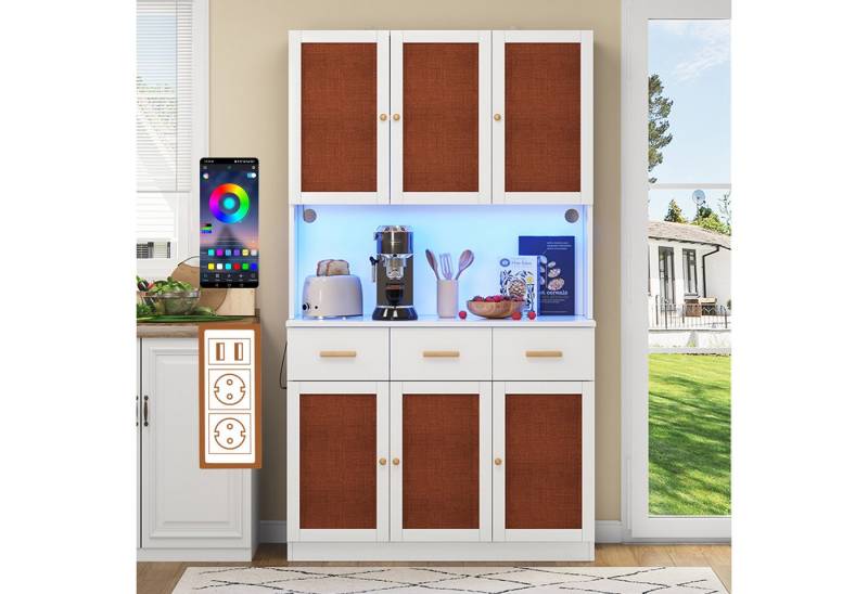 Flieks Küchenbuffet Hochschrank mit LED-Beleuchtung, Steckdosen und USB-Anschlüssen (B105 × T43 × H182 cm, 1-St., mit Massivholzgriffen und verstellbare Ablagen) Küchenschrank Geschirrschrank mit Schubladen und Stofftüren von Flieks