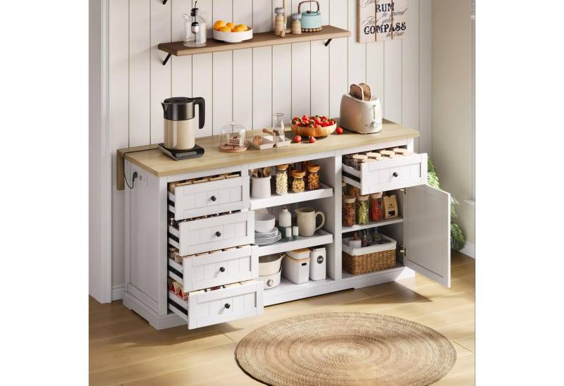 Flieks Küchenbuffet Kücheninsel mit Steckdosen und erweiterbaren Arbeitsplatte Weiß (B150/T45-65/H75,5 cm, 1-St., Schrank mit verstellbaren Einlegeböden) Küchenschrank Kommode mit 5 Schubladen, 2 Ausziehböden und 1 Türen von Flieks