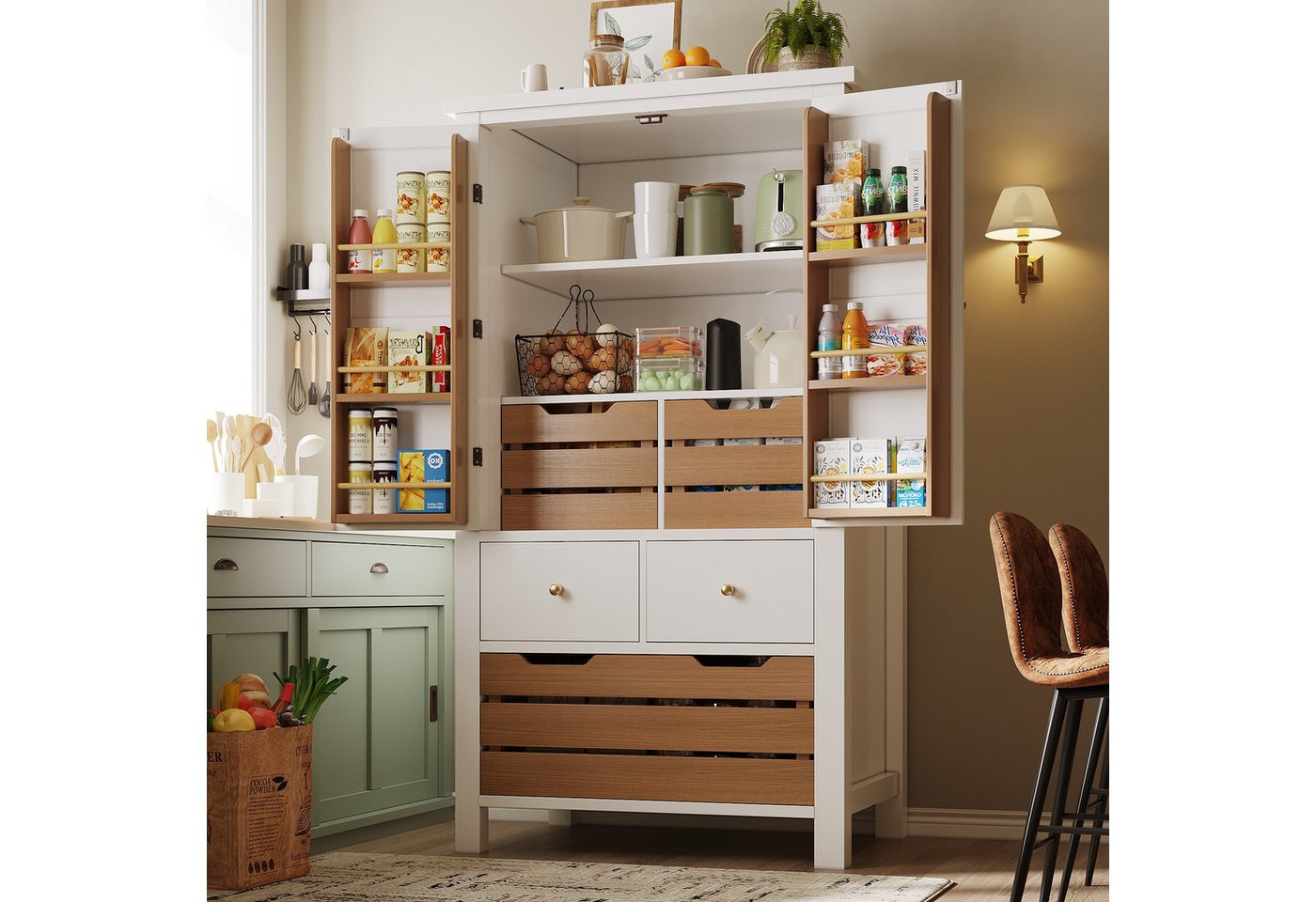 Flieks Küchenbuffet Küchenschrank mit 5 Schubladen und 2 Türablagen (1-St., 80x40x140 cm) Hochschrank Mehrzweckschrank mit Aufbewahrungskorb in Holzoptik von Flieks