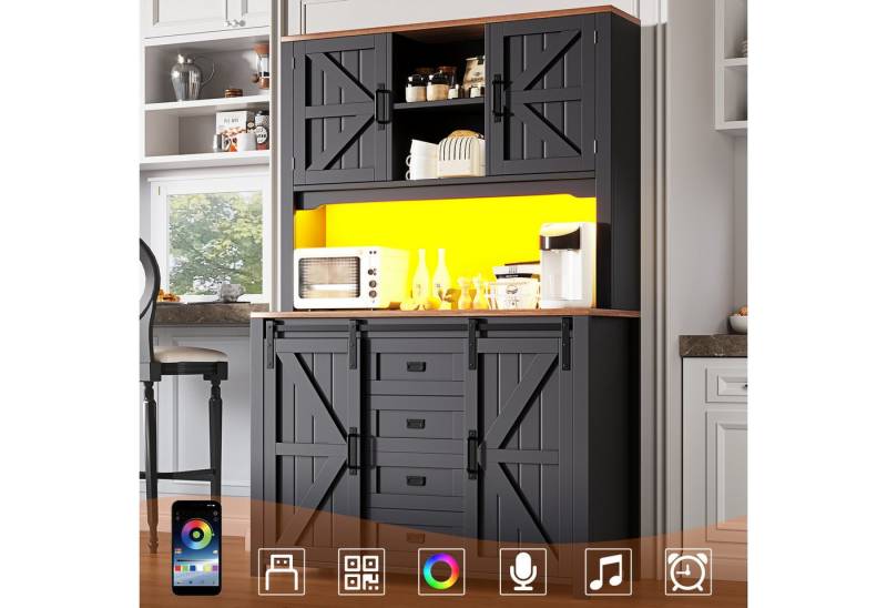 Flieks Küchenbuffet mit LED-Beleuchtung, 2 Schubladen und Schiebetüren (115×40×174,7 cm, 1-St) Hoschschrank Küchenschrank Buffetschrank mit verstellbare Ablagen von Flieks