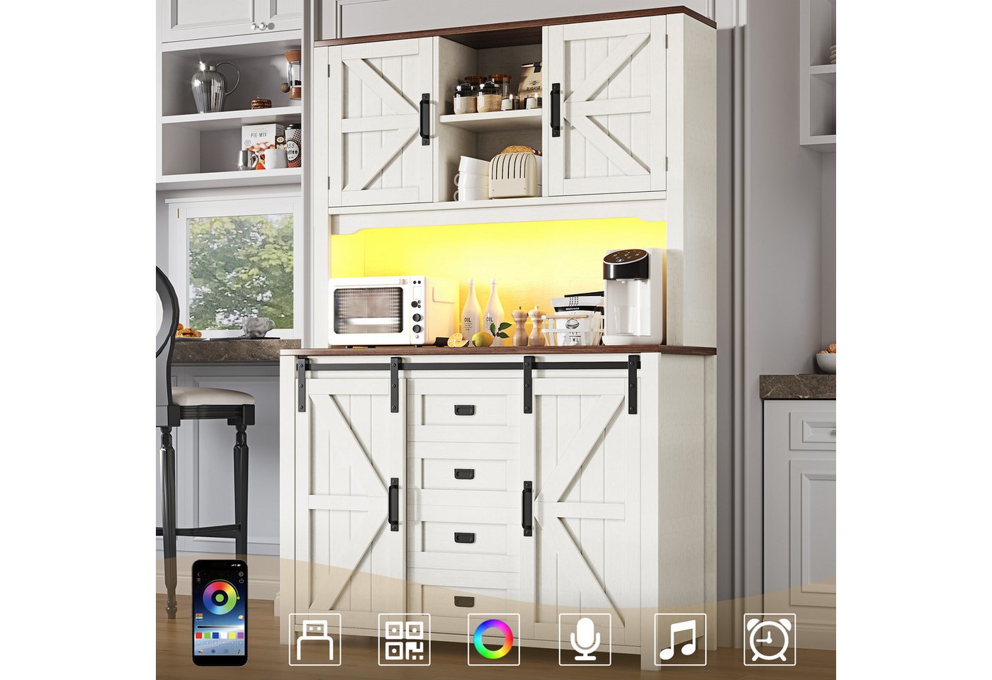 Flieks Küchenbuffet mit LED-Beleuchtung, 2 Schubladen und Schiebetüren (115×40×174,7 cm, 1-St) Hoschschrank Küchenschrank Buffetschrank mit verstellbare Ablagen von Flieks