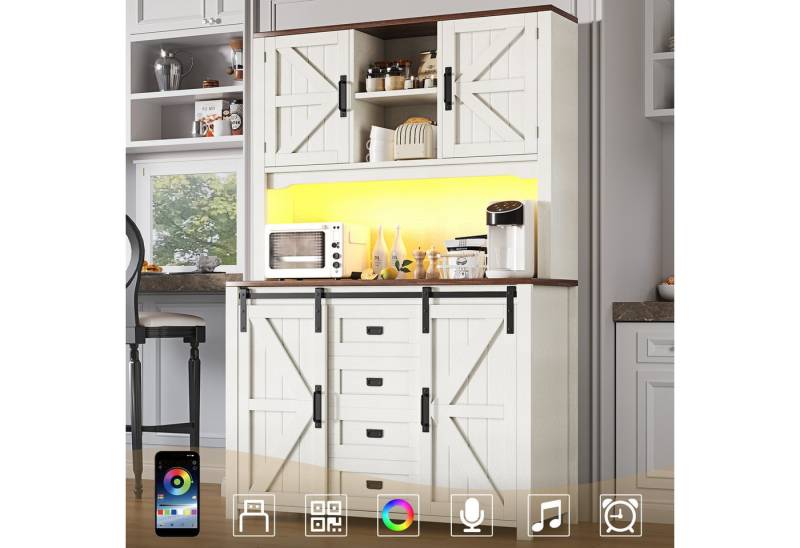 Flieks Küchenbuffet mit LED-Beleuchtung, 2 Schubladen und Schiebetüren (115×40×174,7 cm, 1-St) Hoschschrank Küchenschrank Buffetschrank mit verstellbare Ablagen von Flieks