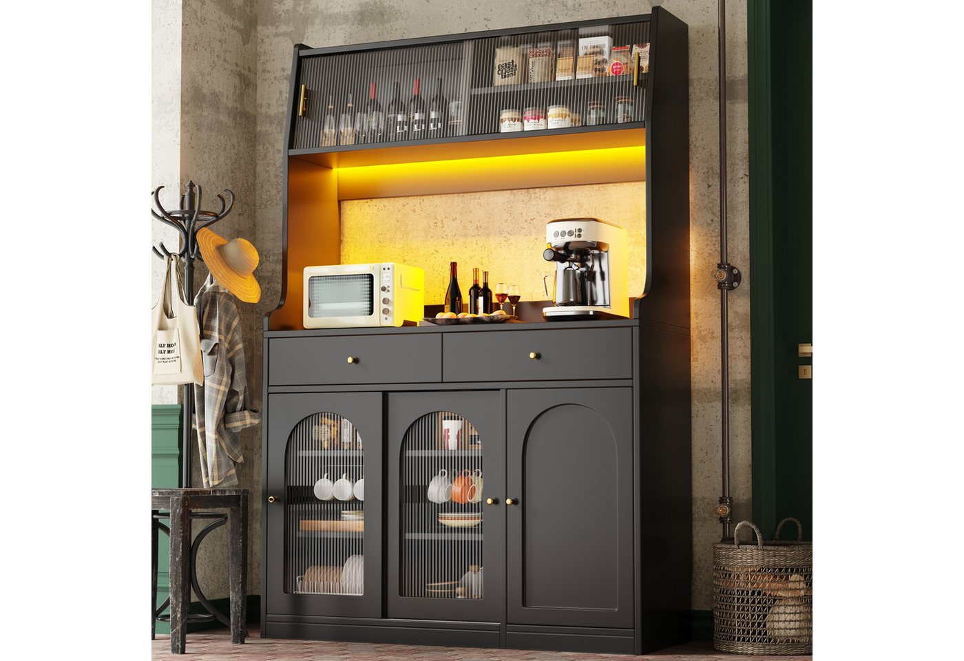 Flieks Küchenbuffet mit LED-Beleuchtung, Glas-Schiebetüren und Schubladen (1-St., B120/T40/H180 cm) Hochschrank Küchenschrank Geschirrschrank mit verstellbare Ablagen von Flieks