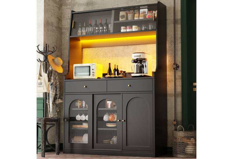 Flieks Küchenbuffet mit LED-Beleuchtung, Glas-Schiebetüren und Schubladen (1-St., B120/T40/H180 cm) Hochschrank Küchenschrank Geschirrschrank mit verstellbare Ablagen von Flieks