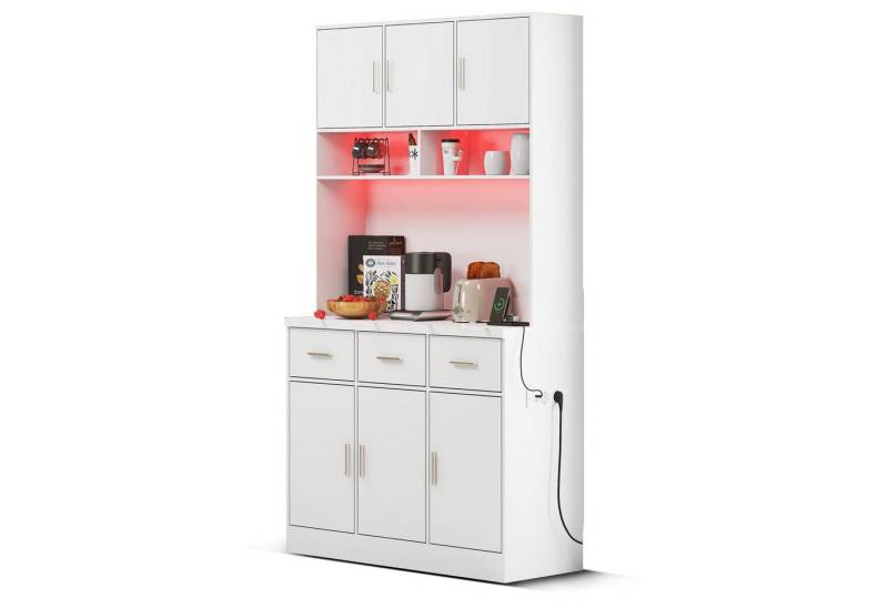 Flieks Küchenbuffet mit LED-Beleuchtung und Steckdosen (1-St., 100x40x180cm) Hochschrank Küchenschrank Geschirrschrank mit verstellbare Ablagen von Flieks