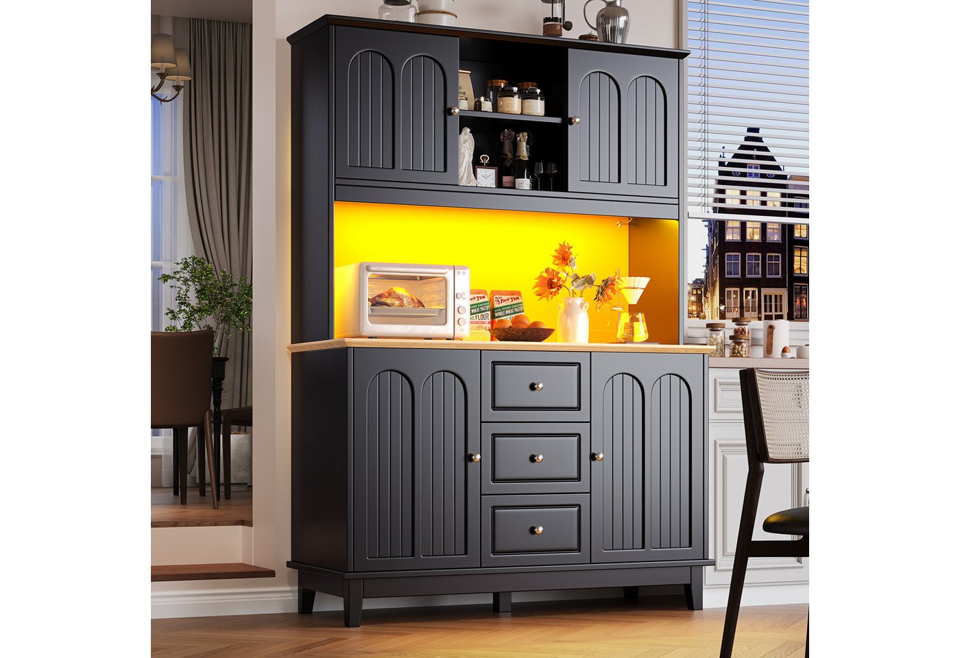Flieks Küchenbuffet mit Musik-&LED-Beleuchtung und verstellbare Einlegeböden (Beine aus Kiefernholz, 1-St., B120/T40/H180 cm) Hochschrank Küchenschrank Geschirrschrank mit Schubladen Schwarz von Flieks