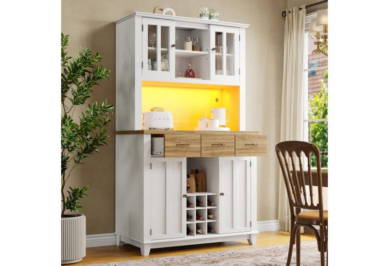 Flieks Küchenbuffet mit Schubladen, Glastüren und Weinregal (mit Arbeitsplatte und verstellbaren Ablagen, 1-St., 106x40x179,5 cm) Hochschrank mit LED Küchenschrank Bücherschrank Buffetschrank weiß von Flieks