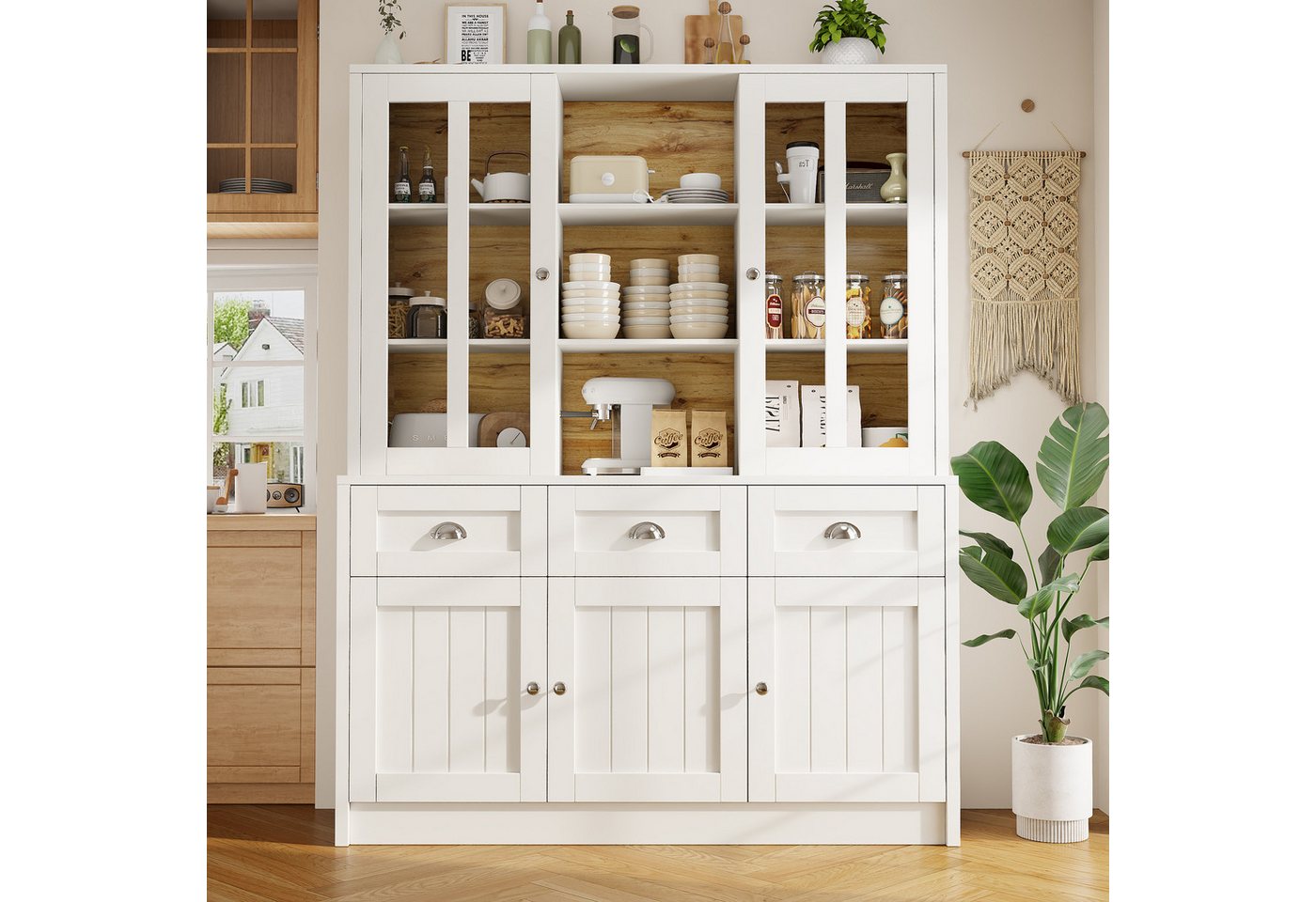Flieks Küchenbuffet mit Schubladen und Glastüren (1-St., B140/T40/H175 cm) Hochschrank Küchenschrank Geschirrschrank mit verstellbare Ablagen von Flieks