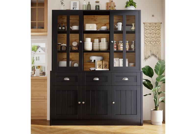 Flieks Küchenbuffet mit Schubladen und Glastüren (1-St., B140/T40/H175 cm) Hochschrank Küchenschrank Geschirrschrank mit verstellbare Ablagen von Flieks