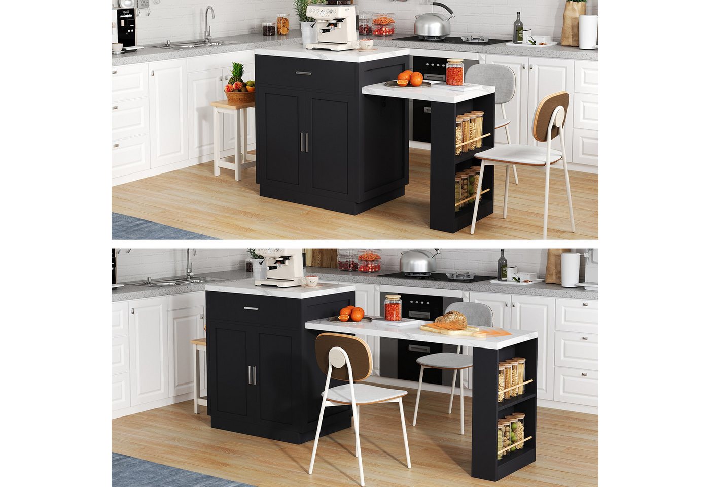 Flieks Kücheninsel mit ausziehbarem Esstisch, (Multifunktionale Küchenschrank mit Schubladen und Regalen, ausziehbar Arbeitsplatte L62,5-131cm), Küchenbuffet mit Steckdose und USB-Anschluss, Küchentisch mit Rollen von Flieks