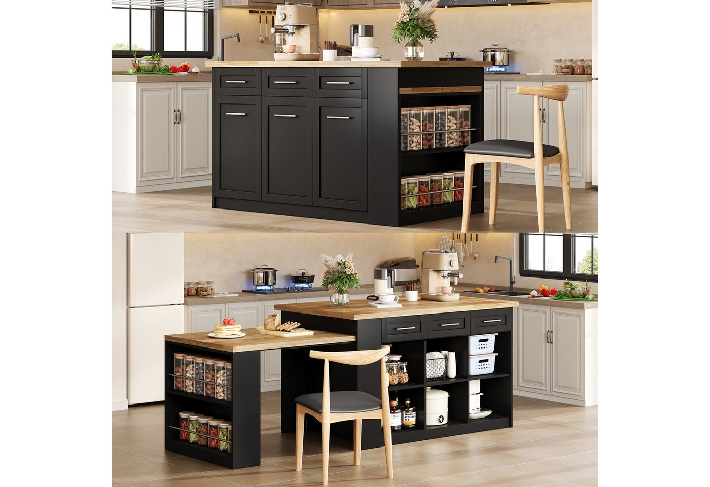 Flieks Kücheninsel mit ausziehbarer Esstisch und großer Stauraum, (Schrankmaße: B150/T90/H90 cm, Tischmaße: B96/T80/H75 cm), Küchenschrank mit Arbeitsplatte Holzoptik Buffetschrank Inselküche von Flieks