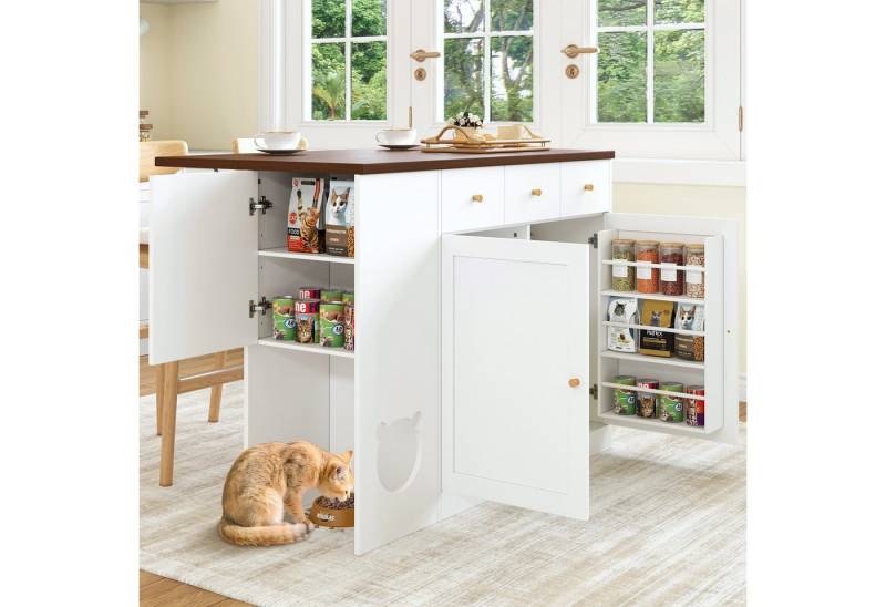 Flieks Kücheninsel mit erweiterbarer Arbeitsplatte, Schubladen und Türablagen, (120×(40+30)×90 cm, klappbare Tischplatte in Nussbaumfarbe), Küchenschrank mit verstellbarer Ablagen Küchenbuffet Weiß von Flieks