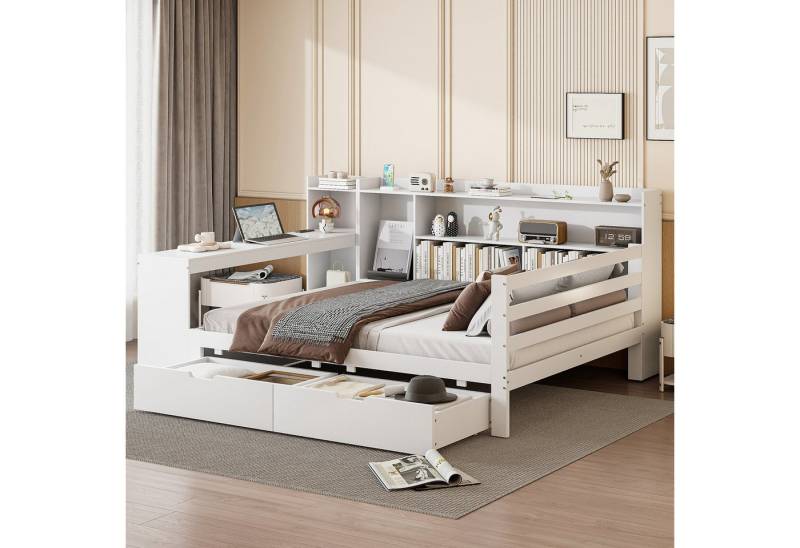 Flieks Massivholzbett, Daybett Kinderbett 140x200cm mit Schreibtisch Steckdose 2 Schubladen von Flieks