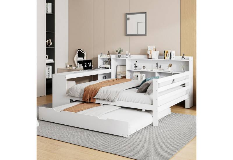 Flieks Massivholzbett, Kinderbett 140x200cm mit Schreibtisch Steckdose Ausziehbett 90x190cm von Flieks
