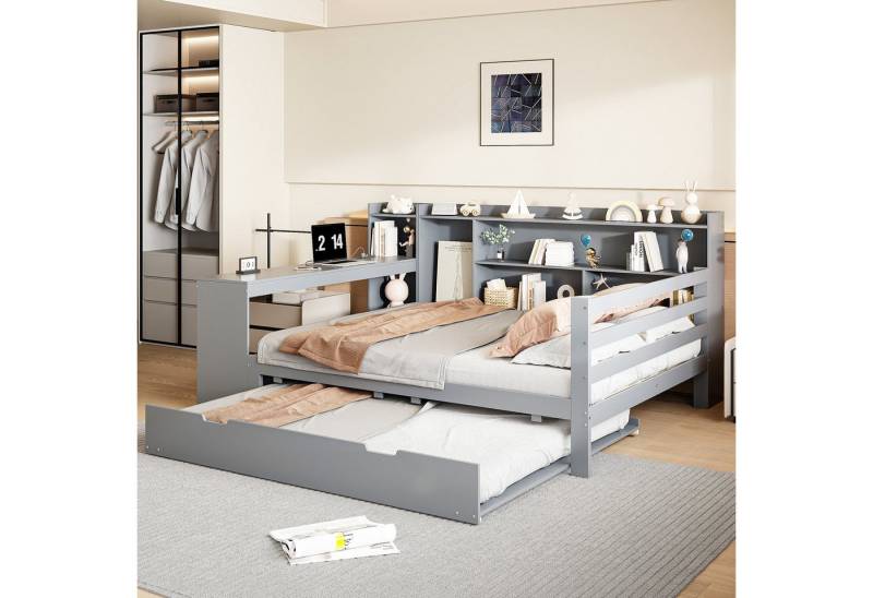 Flieks Massivholzbett, Kinderbett 140x200cm mit Schreibtisch Steckdose Ausziehbett 90x190cm von Flieks