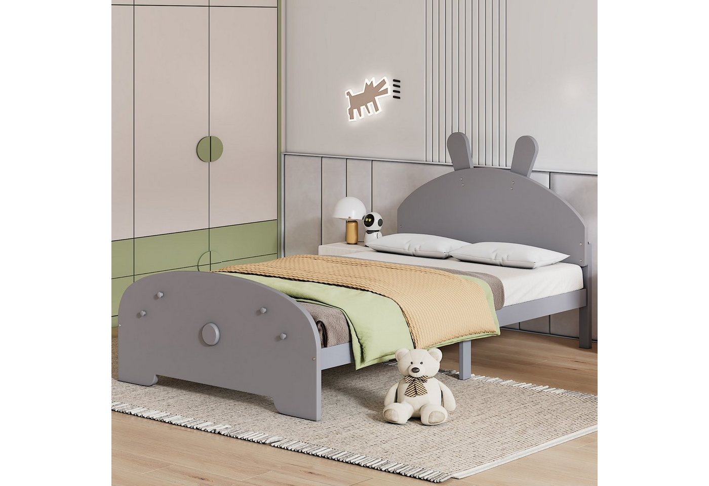 Flieks Massivholzbett, Kinderbett Einzelbett mit Hasenform Kopfteil 90x200cm von Flieks