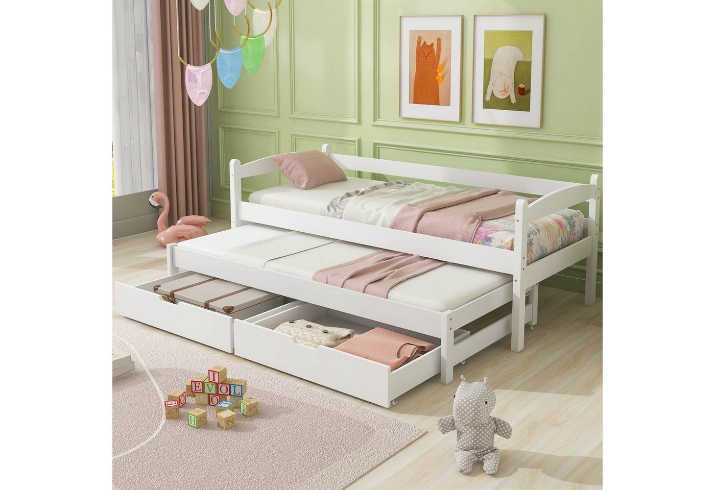 Flieks Massivholzbett (mit 2 MDF-Schubladen und Lattenrost), Einzelbett Kinderbett Schiebebett mit Rollen Kiefer 200x90cm/190x90cm von Flieks