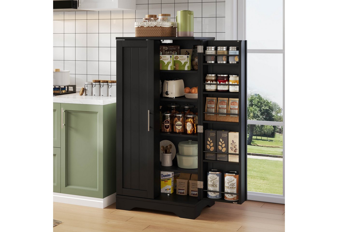 Flieks Mehrzweckschrank Hochschrank mit LED-Sensorlicht und verstellbaren Regalböden (H120,5xB60xT40 cm, 1-St) Küchenschrank mit Türablagen Buffet Aufbewahrungsschrank schwarz von Flieks