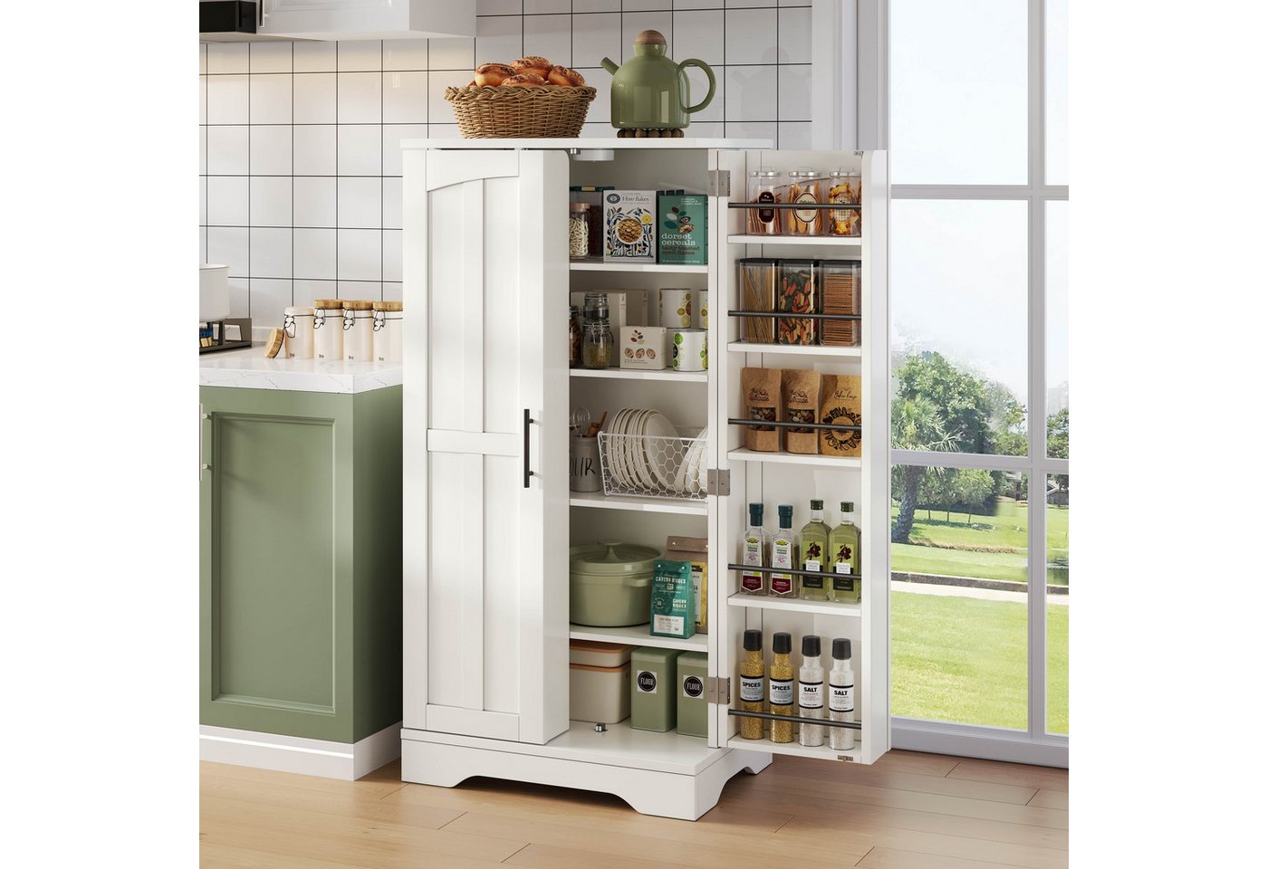 Flieks Mehrzweckschrank Hochschrank mit LED-Sensorlicht und verstellbaren Regalböden (H120xB60xT40 cm, 1-St) Küchenschrank Buffetschrank mit Türablagen Holzschrank weiß von Flieks