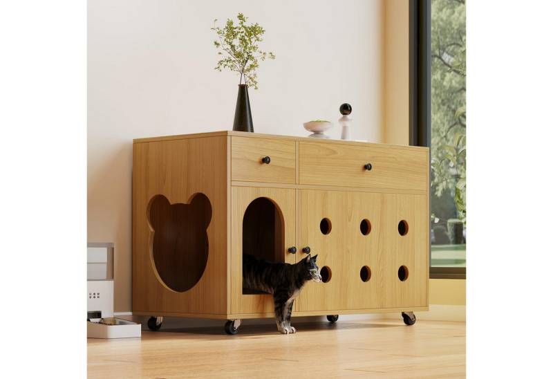 Flieks Mehrzweckschrank bewegliche Katzenkloschrank mit abnehmbarer Sandablassplatten (100×45×66 cm, 1-St) Katzenschrank mit Rollen und Schubladen Sideboard Holzschrank Natur von Flieks