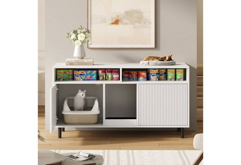 Flieks Mehrzweckschrank mit Sandauffangmatte, Ablage (Sideboard, TV-Schrank, 1-St., 120x50x66 cm) Katzentoiletten, Katzenstreuwanne-Schrank Haustier-Schrank Weiß von Flieks