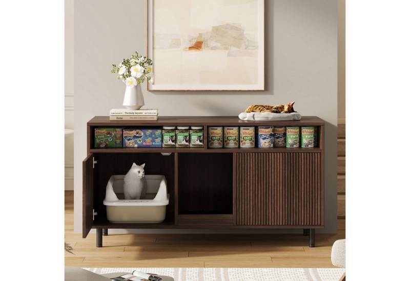 Flieks Mehrzweckschrank mit Sandauffangmatte, Ablage (Sideboard, TV-Schrank, 1-St., 120x50x66 cm) Katzentoiletten, Katzenstreuwanne-Schrank Tierhaus Nussbaumfarbe von Flieks