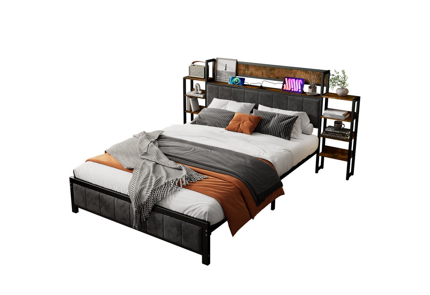Flieks Metallbett, Doppelbett Kinderbett 140x200cm mit Stauraumregalen und USB-Aufladen Flieks Metallbett, Doppelbett Kinderbett 140x200cm mit Stauraumregalen und USB-Aufladen von Flieks