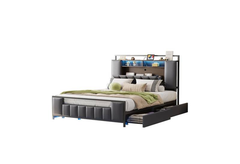 Flieks Metallbett, LED Polsterbett 140x200cm mit USB-Aufladen und 4 Schubladen von Flieks