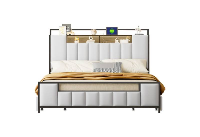 Flieks Metallbett, LED Polsterbett 160x200cm mit USB-Aufladen und 4 Schubladen von Flieks