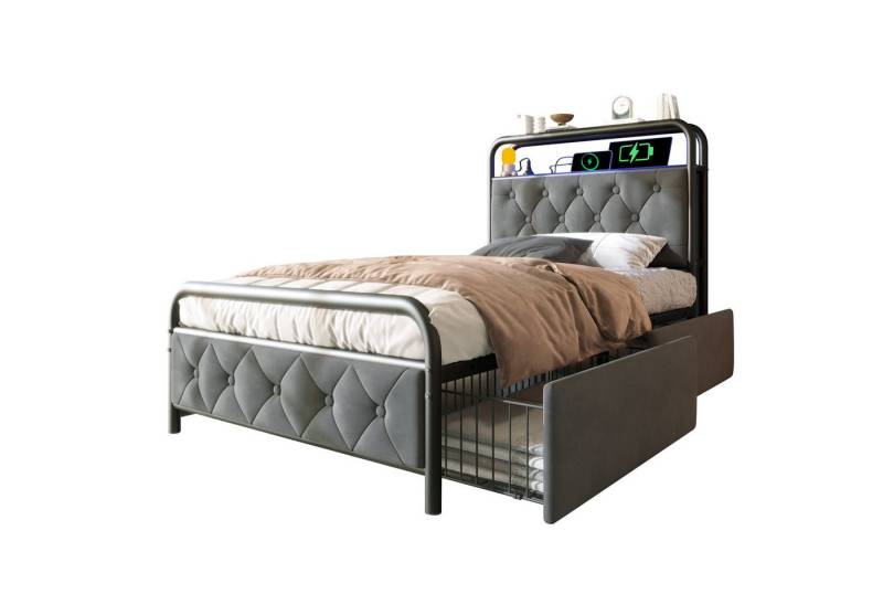 Flieks Metallbett, LED Polsterbett Einzelbett 90x200cm mit Ladenfunktion und 2 Schubladen von Flieks