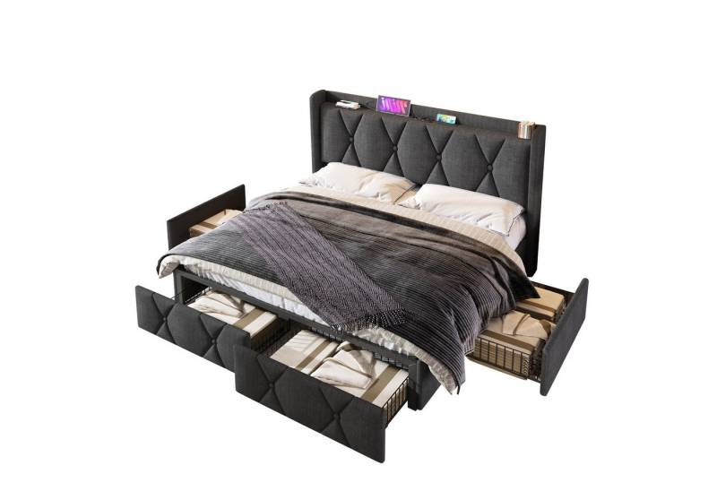Flieks Polsterbett, Doppelbett mit Steckdose/USB Ladefunktion und 4 Schubladen 160x200cm von Flieks