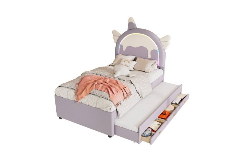 Flieks Polsterbett, Einhornform Kinderbett 90x200cm + Ausziehbett 90x190cm + 3 Schubladen von Flieks