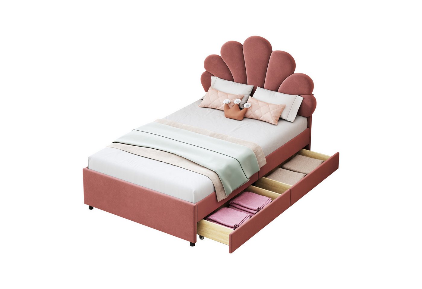 Flieks Polsterbett, Einzelbett Blumenform-Kopfteil Samt 90x200cm mit 2 Schubladen von Flieks