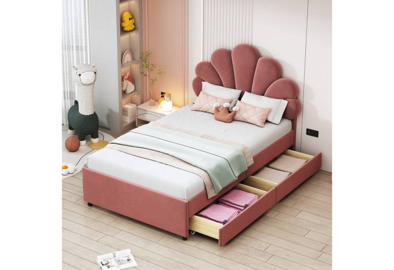 Flieks Polsterbett, Einzelbett Blumenform-Kopfteil Samt 90x200cm mit 2 Schubladen von Flieks