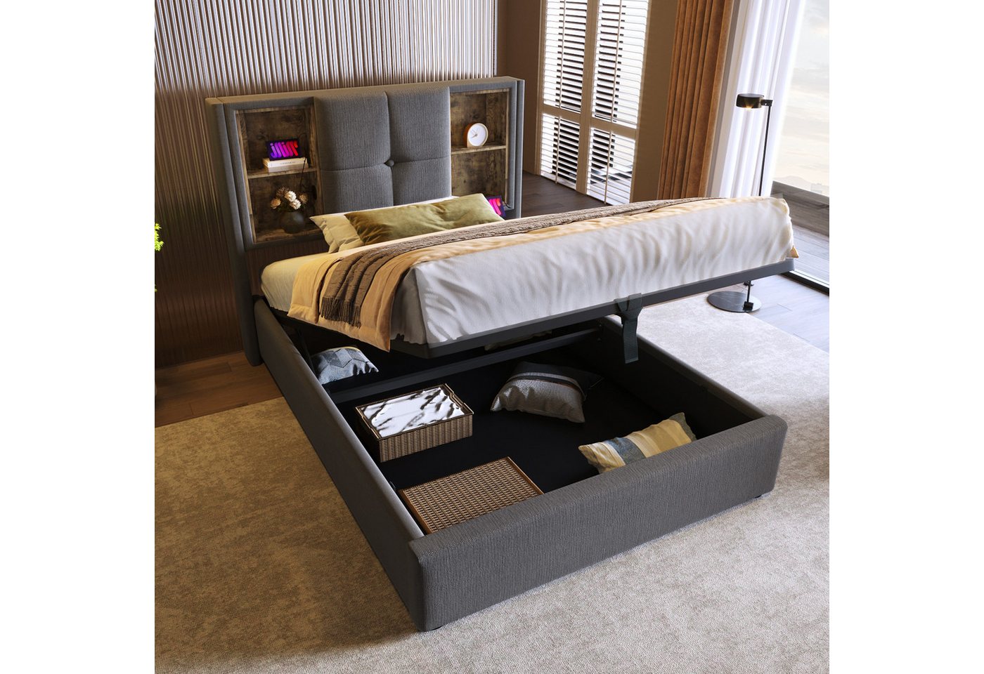 Flieks Polsterbett, Einzelbett mit Kabellosem Laden/USB/Typ-C+Stauraum Baumwolle 90x200cm von Flieks