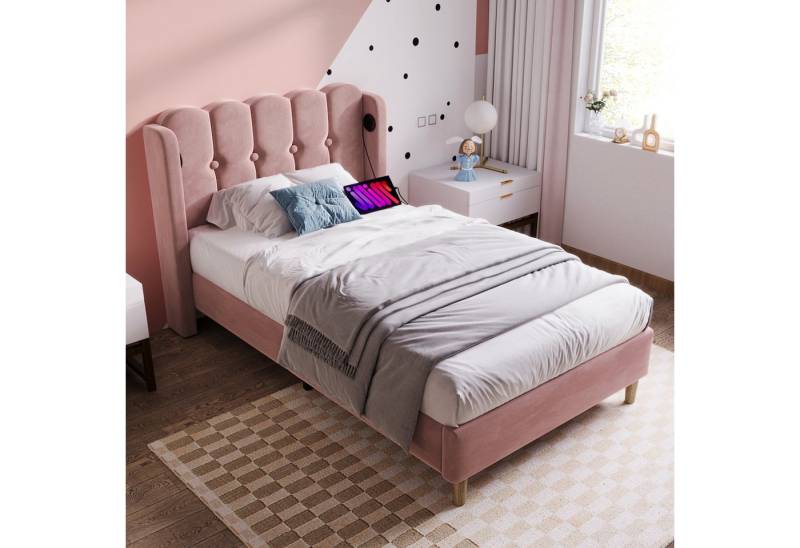 Flieks Polsterbett, Holzbett Einzelbett mit USB/Typ-C Ladeanschlüsse 90x200cm rosa Samt von Flieks