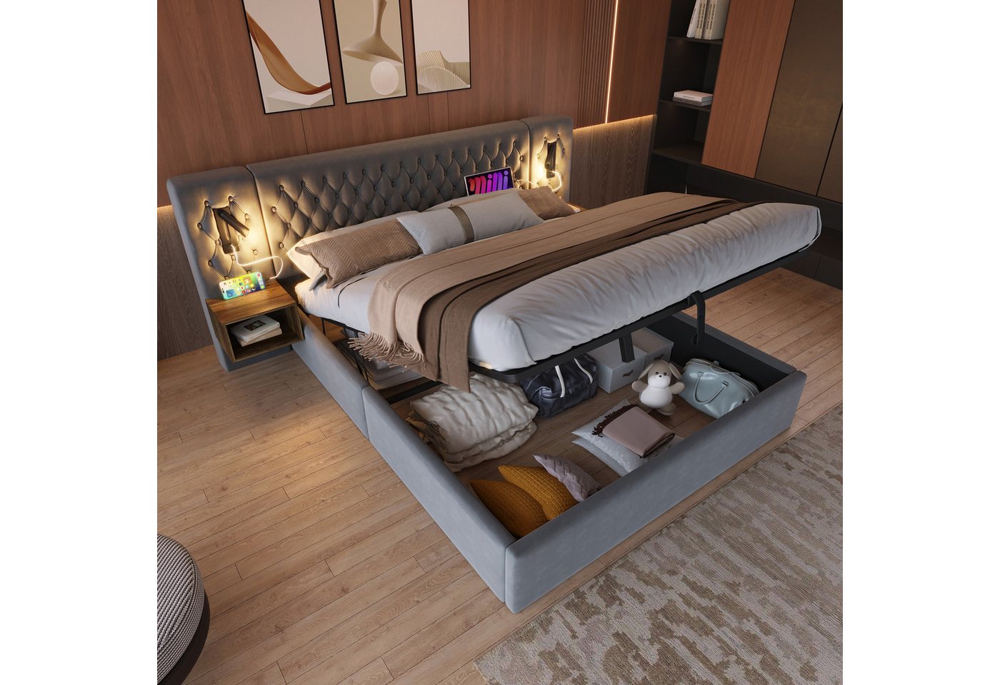 Flieks Polsterbett, Hydraulisches Doppelbett 160×200cm 2 Nachttische Leselicht USB-Laden von Flieks