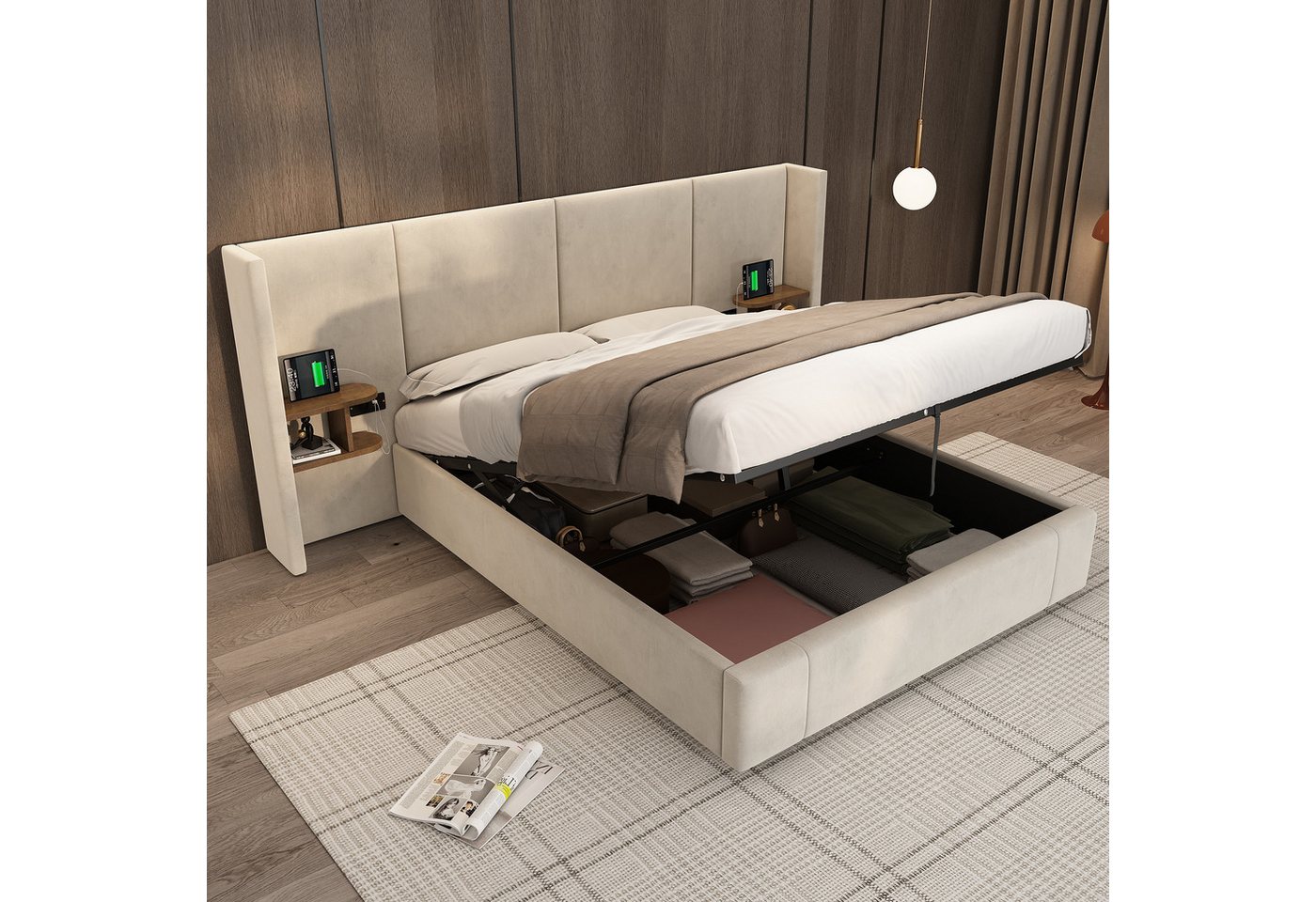 Flieks Polsterbett, Hydraulisches Doppelbett 160x200cm mit USB-Aufladen und 2 Nachttische von Flieks